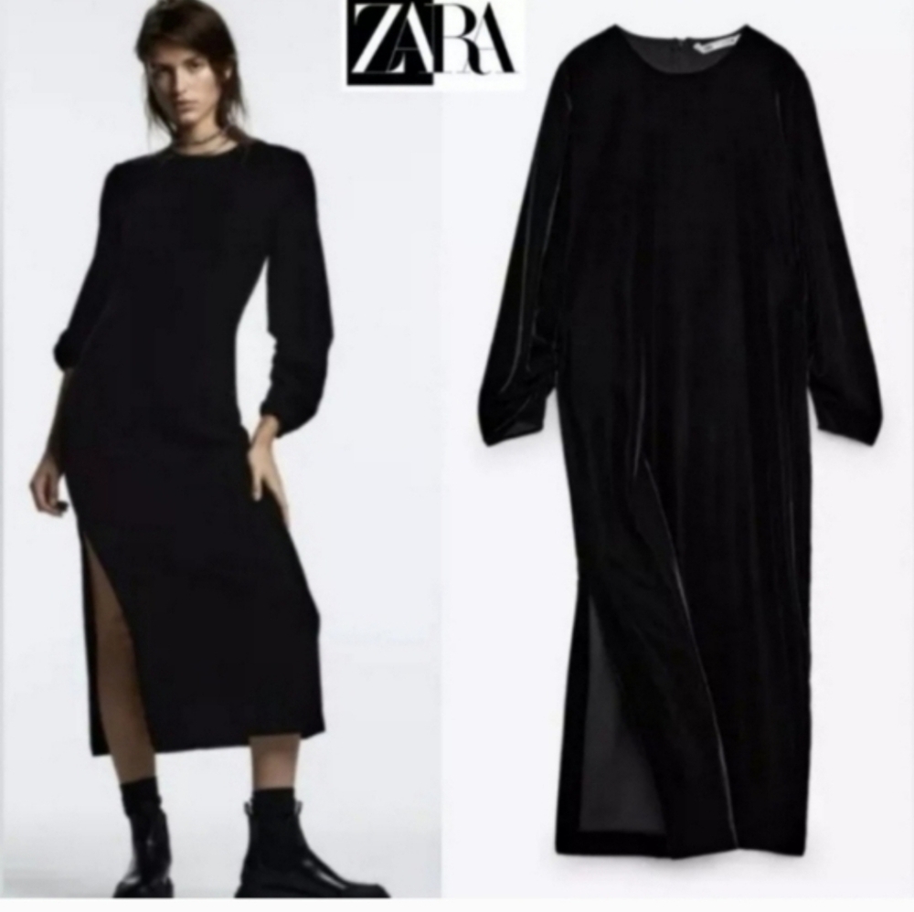 Zara Medium Black Monochrome Velvet Witchy Black Dress Sleeve Detail